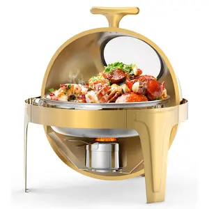 6.3 Qt Round Roll Top Chafing Dish Set - Stainless Steel Buffet Warmer with Glass Window for Catering, Parties & Banquets, Gold Finish