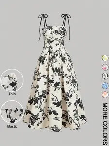 Women's Floral Print Tie Shoulder Cami Fitted Dress, Fashion Casual Sleeveless Spaghetti Strap Dress for Daily Outdoor Wear, Women Dress for Summer