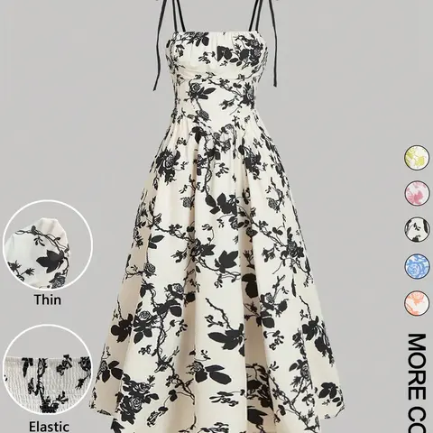 Women's Floral Print Tie Shoulder Adjustable Cami Fitted Lightweight Dress, Fashion Casual Chic Aesthetic Sleeveless Spaghetti Strap Dress for Daily Outdoor Wear, Women Dress for Summer, Fashion Sundress