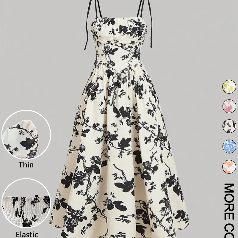 Women's Floral Print Tie Shoulder Adjustable Cami Fitted Lightweight Dress, Fashion Casual Chic Aesthetic Sleeveless Spaghetti Strap Dress for Daily Outdoor Wear, Women Dress for Summer, Fashion Sundress