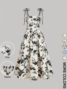 women's floral print tie shoulder cami dress, fashion casual sleeveless spaghetti strap dress for daily outdoor wear, women dress for summer, womenswear, lady sundresses, elegant formal dress