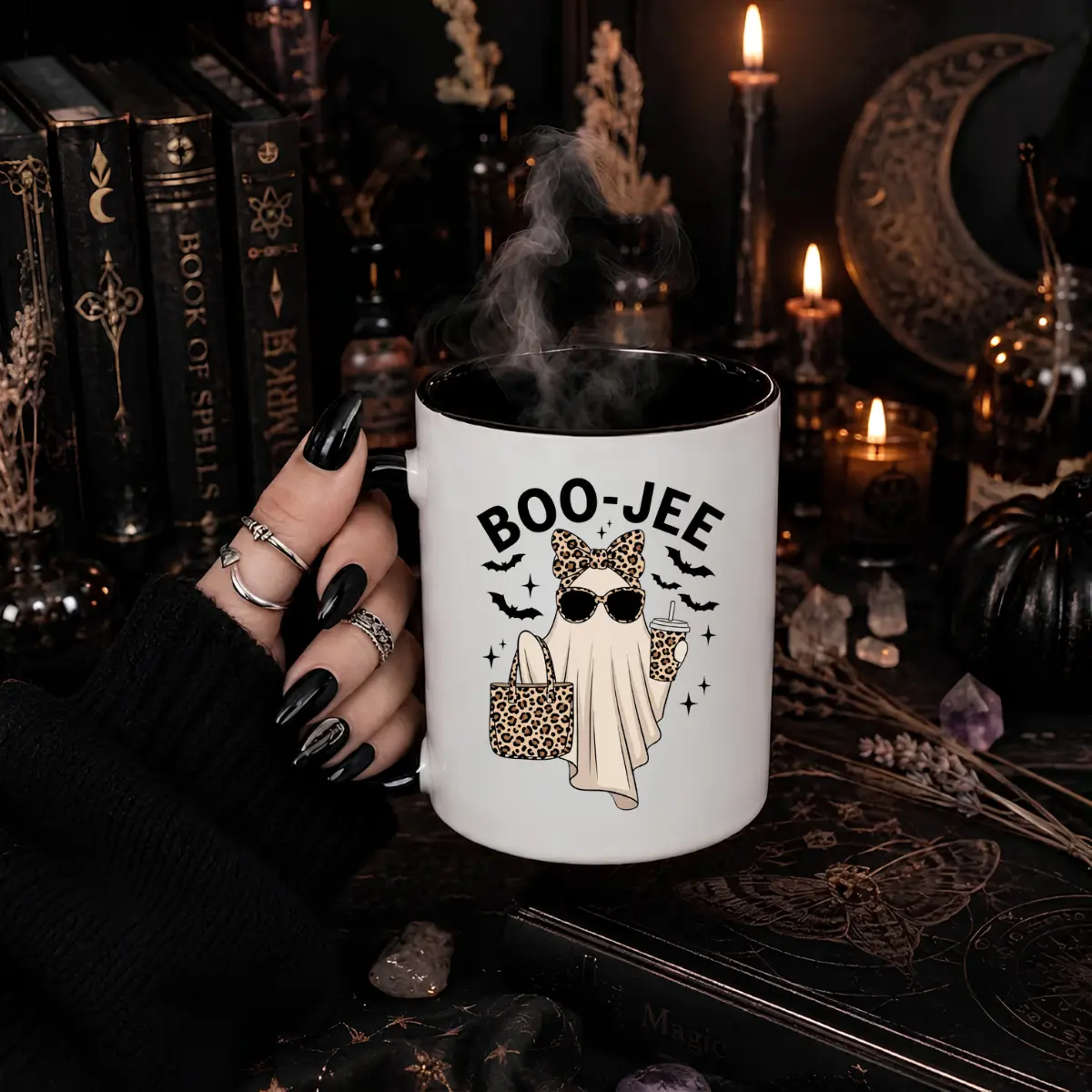 Boo Jee Halloween Ghost Coffee Mug Funny Coquette Ghost Ceramic Mug Leopard Bow Spooky Season Coffee Cup Cute Fall Gift for Women Ghost Lover