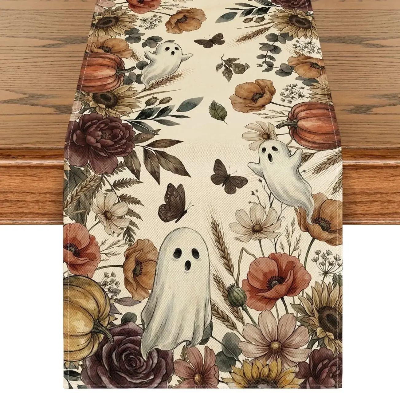 Retro Ghost Pumpkin Black Cat Bat Skeleton Witch Hat Halloween Table Runner, Seasonal Ghost Kitchen Dining Table Decoration for Home Party Decor