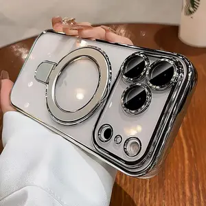 for iPhone 17 Pro Max with Magnetic Stand [Compatible with MagSafe] [Full Camera Lens Protector] Luxury Plating Shockproof Clear Phone Case for iPhone 17 Pro Max 6.9", Titanium Silver