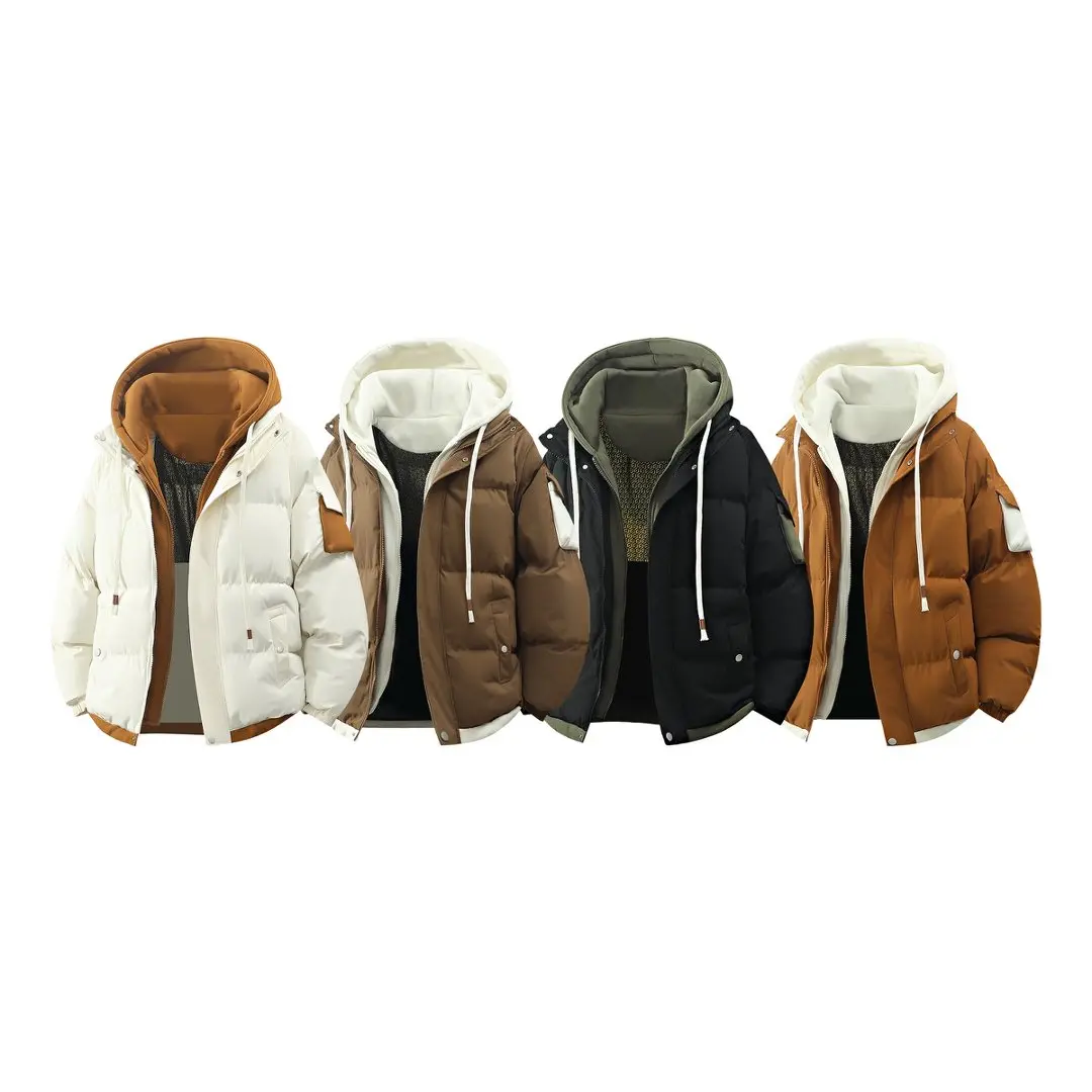 Faux two piece baseball style cotton jacket—windproof, thickened cotton outerwear with an adjustable hood and zippered pockets; loose, unisex street style for everyday winter wear. windbreakers casual fall jacket