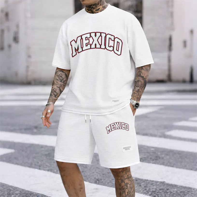 Men's 2-Piece Loungewear Set, Minimalist Waffle Knit T-Shirt and Drawstring Shorts, Loose Fit Crew Neck Polyester Home Outfits, Two-Pieces