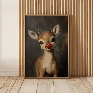 Rudolph and Santa Painting Reindeer Cute Print Unframed, Whimsical Animal Christmas Poster, Funny Festive Holiday, Red Nose Christmas Wall Art, Vintage Santa in Toilet Poster, Rustic Artwork,  Animal Wall Art, Living Room Decor, Bathroom Decor