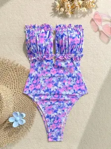 Floral Print Strapless One-Piece Swimsuit with Hollow Out Back for Beach Vacation