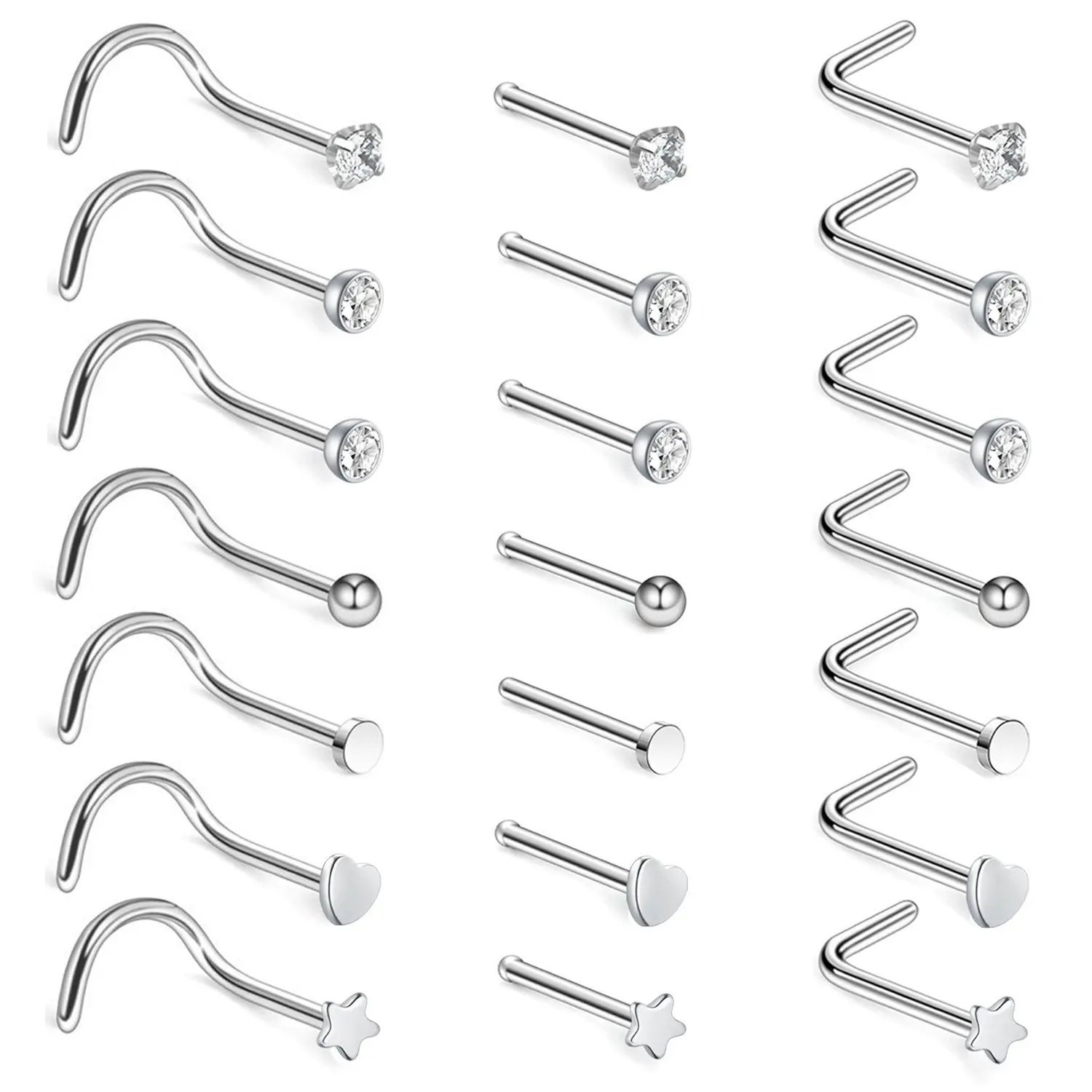 OIDEA 21-Piece 20G Hypoallergenic Body Jewelry Set - 316L Stainless Steel Earrings & Nose Studs with Plain/CZ Tops, Gentle on Sensitive Piercings, Low Profile, No Closure, Precise Fit for Everyday Wear, Hypoallergenic Earrings Set, 21Pcs