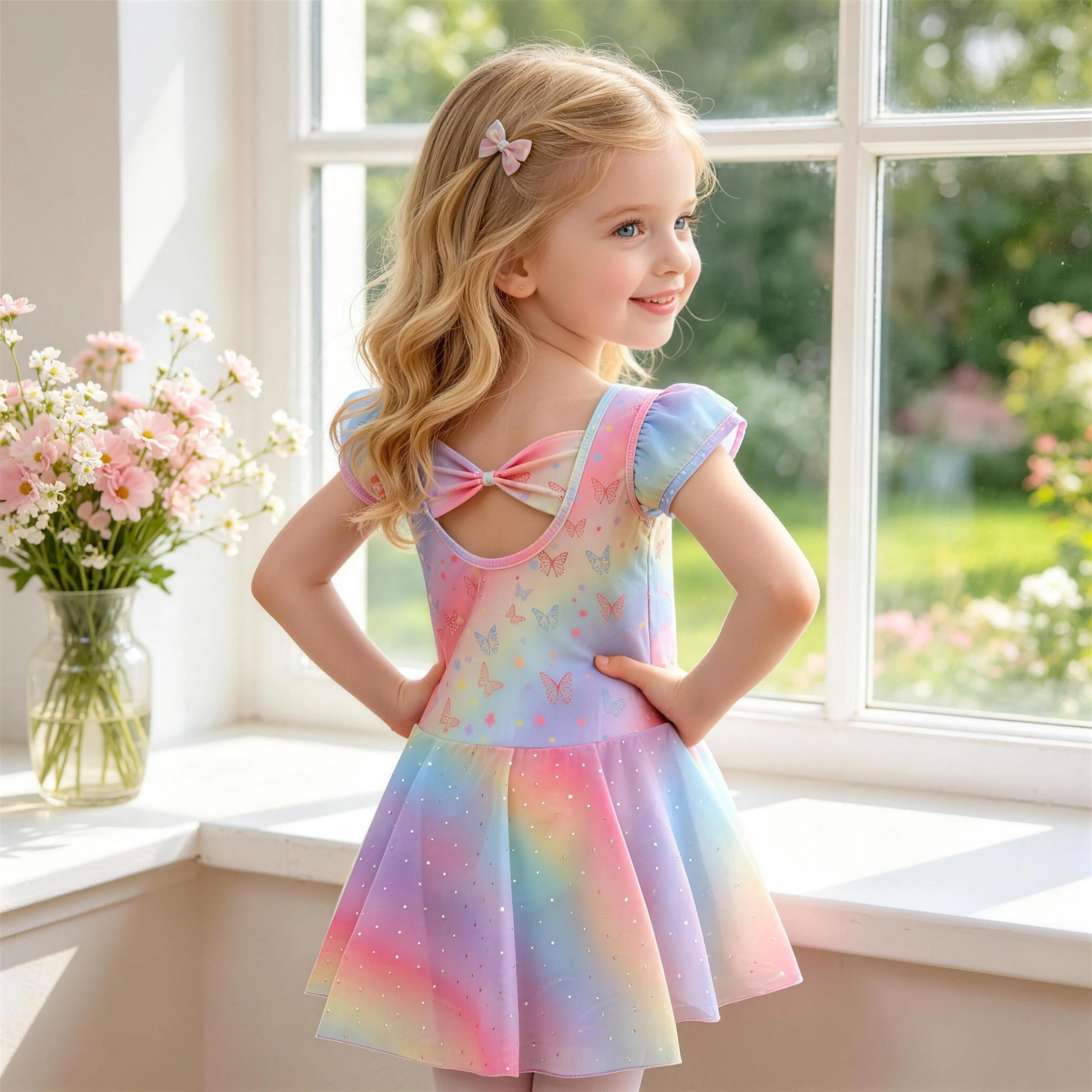 Girls Rainbow Butterfly Ballet Leotard Tutu Dress | Bow Back Ruffle Sleeve Dancewear for Toddler Recital & Ballet Class