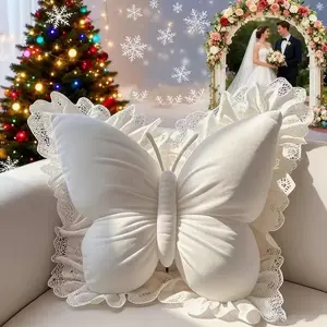Ultra Soft Velvet Butterfly Pillow with Lace Trim, Cozy Bedroom Sofa Accent Cushion, Decorative Throw Pillow for Living Room