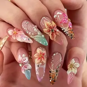 24pcs Almond Shape Long Nails, Summer Press-On Nails, 3D Flower Rhinestone, Elegant Rhinestone Decorated, Reusable Fake Nails Set, French Pattern Design