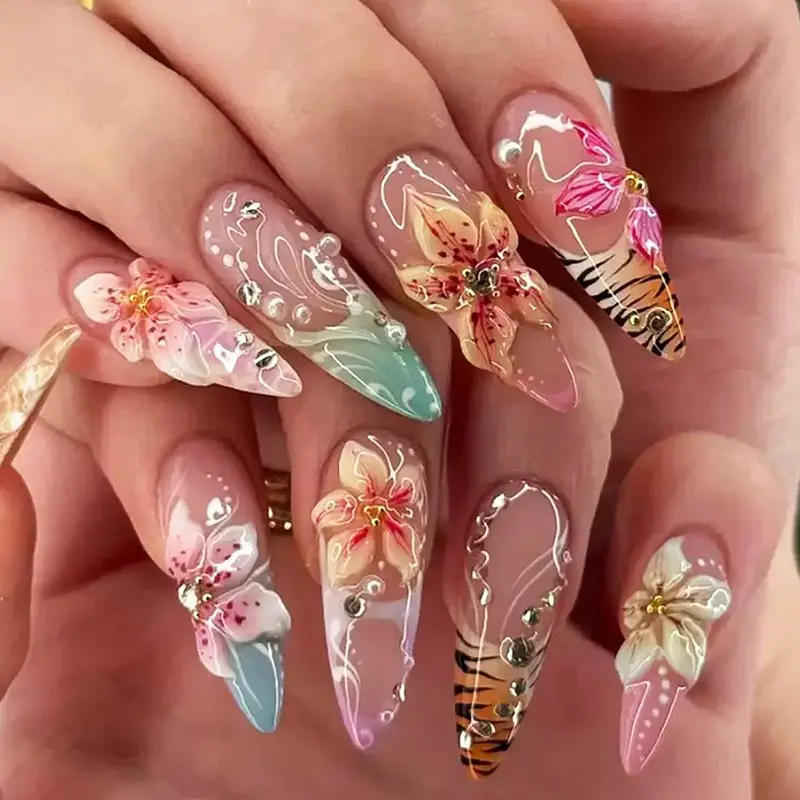 24 Pcs Almond Shape Long Summer Press-On Nails, Decorative Nails, Nail Art Design, 3D Flower Rhinestone, Elegant Rhinestone Decoration, Reusable Fake Nails Set