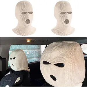 2-Pack Car Headrest Covers, Personalized Funny Car Seat Full Face Mask, Ski Mask Wrap Protection Car Front Seat Backrest Decoration, Universal Car Interior Accessories (Beige)