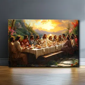 1 Unique Style Solid Wood Frame Canvas Painting "The Last Supper and the Disciples" _ (1) Perfect for Home Decoration, Festive Occasions, and Gifts for Him/Her. Suitable for living room and bedroom, can be hung directly, 2D flat surface, perfect for