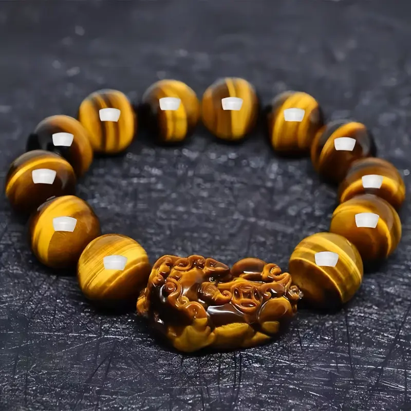 Unisex 14MM Natural Yellow Tiger Eye Pixiu Beaded Bracelet, Crystal Costume Jewelry for Fashion Accessory Enthusiasts, Bracelets