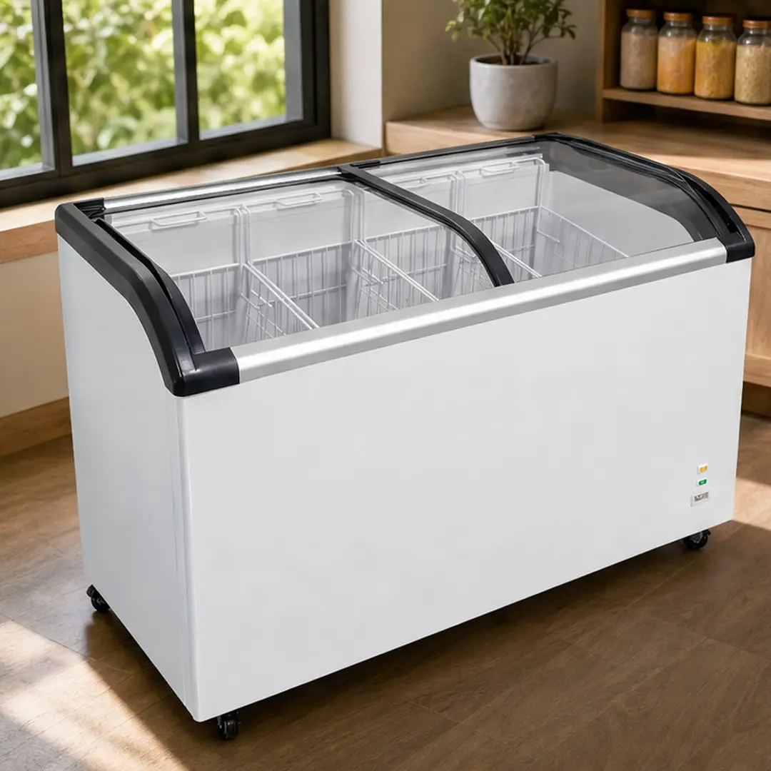 9.8 Cu.ft Commercial Chest Freezer Curved Sliding Glass Lid Ice Cream Display Freezer with LED Lighting, White Steel Mobile Deep Freeze for Ice Cream Shop, Grocery Store, Convenience Store, -9.4°F to 5°F Adjustable Temperature