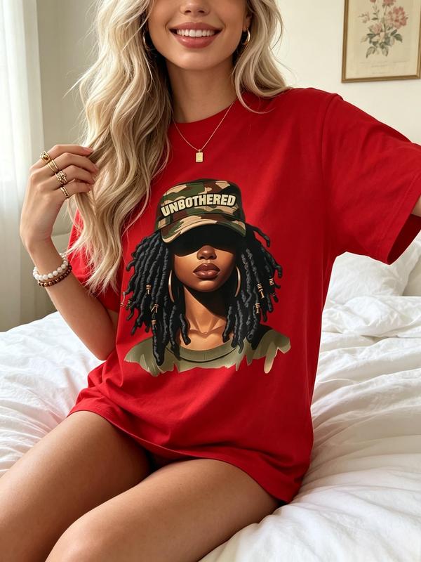 Lady's Basic 100% Cotton Fitted Cap Sleeve Round Neck Tshirt - Breathable Fabric, Comfortable Letter Portrait Graphic Top, Stylish Summer Everyday Casual Wear