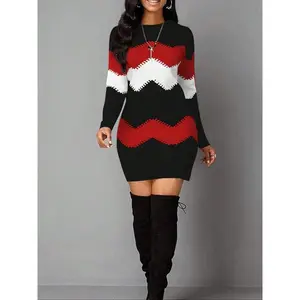 Women’s Christmas retro geometric print casual long-sleeved dress, made from an elastic polyester blend, mini bodycon fit—perfect for everyday wear and holiday parties, ideal as a holiday gift.