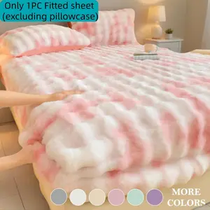 Tie-Dye Bubble Fleece Milk Velvet Bedding Set, Ultra-Soft Skin-Friendly Faux Rabbit Fur Fitted Sheet and Bed Skirt Combo, Machine-Washable 1-Piece Bedding Set for Bedroom, Guest Room, Dorm, Kids, Pets, Elderly and Hotels