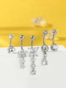5PCS Belly Button Rings for Women 14G Dangle Navel Piercing Jewelry Set Durable Surgical Stainless Steel Body Jewelry with CZ Butterfly Flower Teardrop Barbell Water Droplet Pendant for Beach Festival Daily