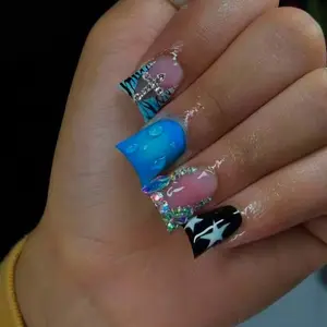 24pcs Y2K Long Duck Paw French Press-On Nails, 3D Gel French, Alloy Cross, Rhinestone Decor, Acrylic False Nails Set, Includes Jelly Glue & Nail File, Glittering Fake Nails