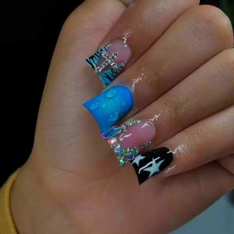24pcs Y2K Long Duck Paw French Press-On Nails, 3D Gel French, Alloy Cross, Rhinestone Decor, Acrylic False Nails Set, Includes Jelly Glue & Nail File, Glittering Fake Nails, Nail Art Set, Nail Art Supplies, Glitter Decorative Nails, Nail Art Products