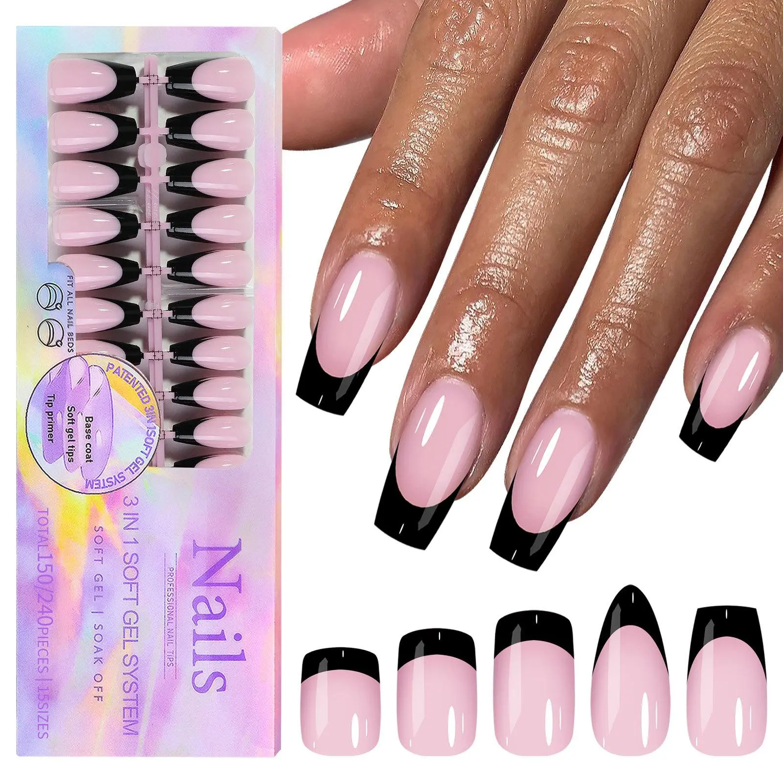 150pcs/box Almond Ballet Black Powder French Traceless Wearable Nail Press-On Nail Full Coverage Reusable Removable Easy To Wear
