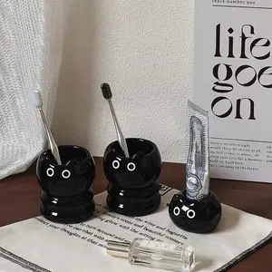 Cute Cat Ceramic Toothbrush Holder Bathroom Toothpaste Makeup Brush Storage Box Countertop Decor Organizer (Black)