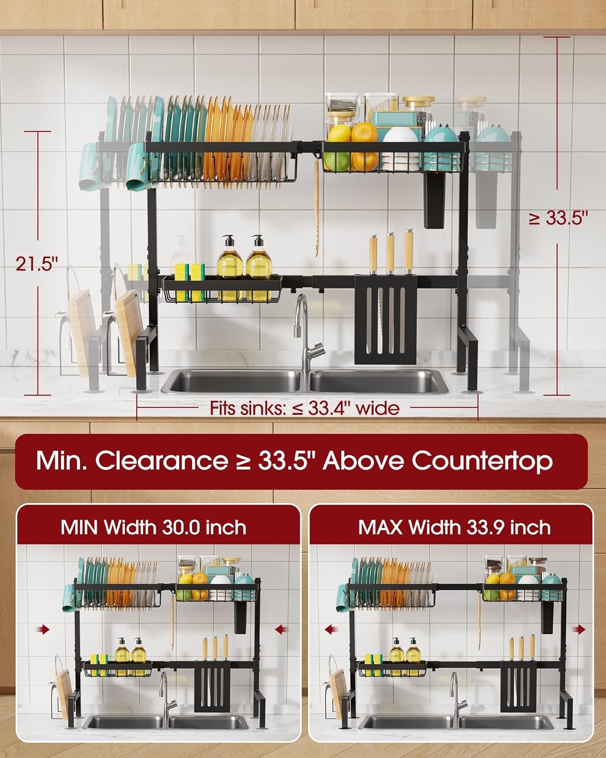 Over The Sink Dish Drying Rack - Adjustable 2 Tier Large Capacity Stainless Steel Drainer with Cutlery & Utensil Holders, Kitchen Storage & Organization, 30"-33.9" L x 11" W x 21.5" H, Black