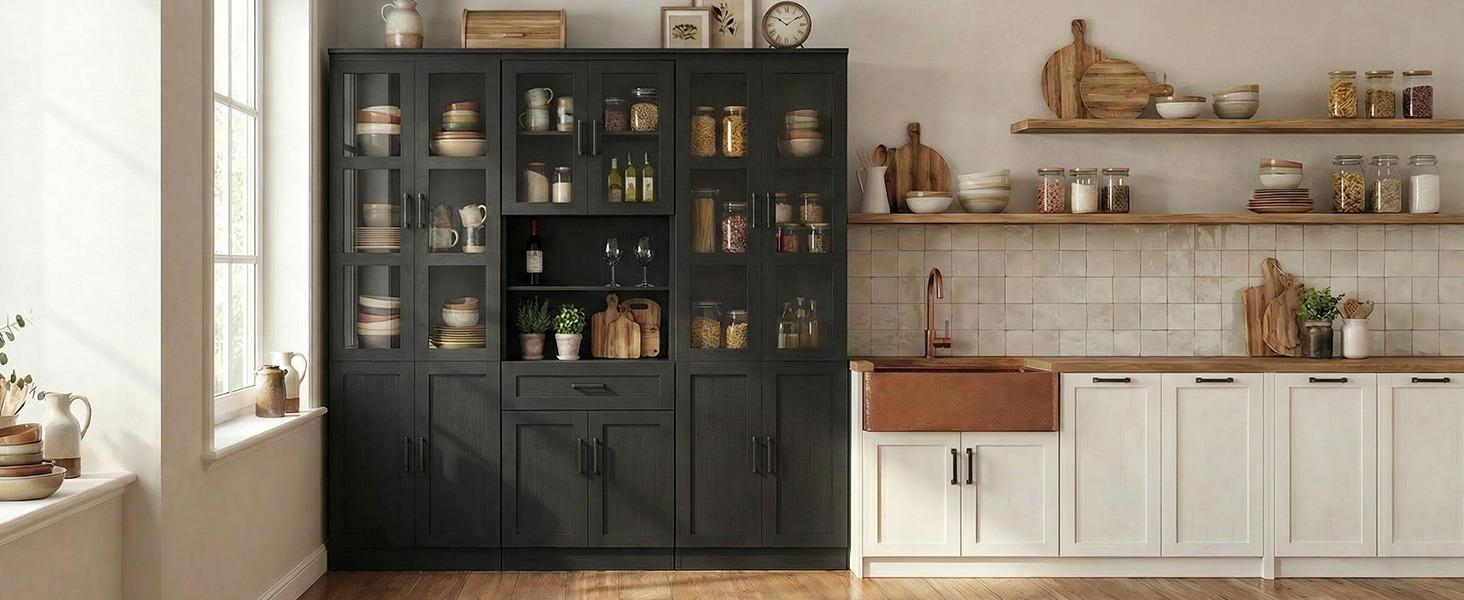Unikito 79.7" Tall Farmhouse Wood Pantry Storage Cabinet - Freestanding Sturdy Hutch with Tempered Glass Door, Adjustable Shelves, Drawer, Solid Grain Finish, Anti-Tip Base, 3 Boxes, Assembly Required, Quick Setup, Living/Dining Room Display Unikito 79.7" Tall Farmhouse Wood Pantry Storage Cabinet - Freestanding Sturdy Hutch with Tempered Glass Door, Adjustable Shelves, Drawer, Solid Grain Finish, Anti-Tip Base, 3 Boxes, Assembly Required, Quick Setup, Living/Dining Room Display