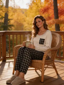Soft Knit Black Plaid Pajama Set  Women's Contrast Pocket Long Sleeve Sleepwear | Cozy Fall Loungewear