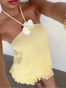 Women's Summer Fashion Elegant Feminine 3D Floral Decorative Sexy Low Waist Backless Ruffle Hem Mini Dress, Stylish and Chic Design