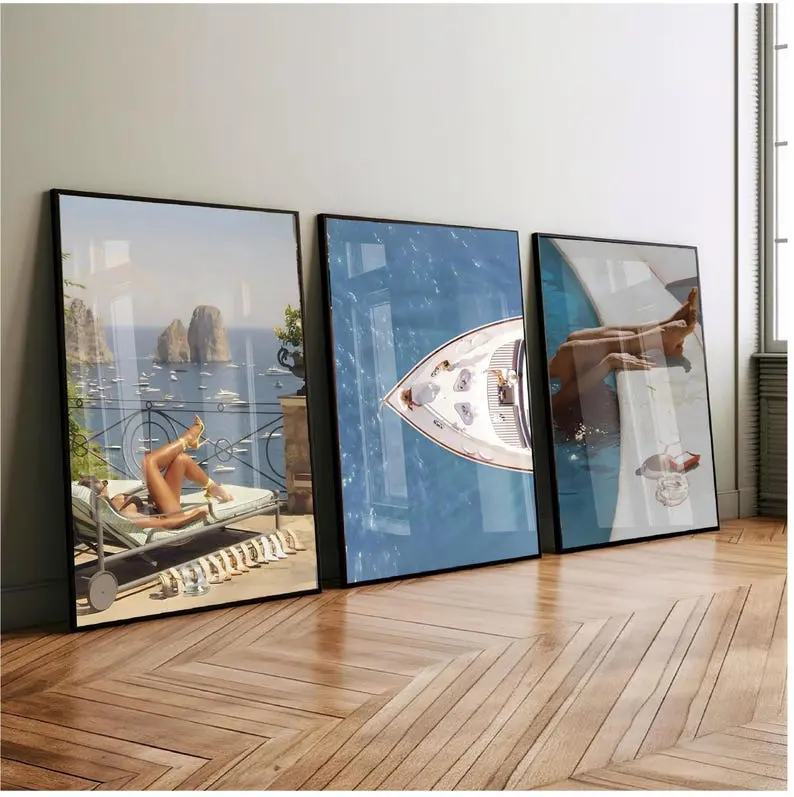 Coastal Wall Art Set of 3, Luxury Beach Photography Prints, Yacht Ocean View Posters