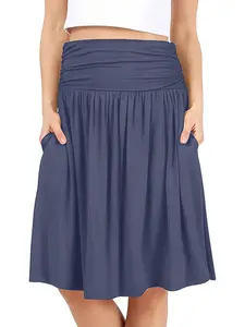 New Women's Solid Color Midi Skirt, Pleated Waist, Elastic, Large Skirt Hem, Side Pockets, Knee-Length, Elegant Fashion, Office, Date, Versatile