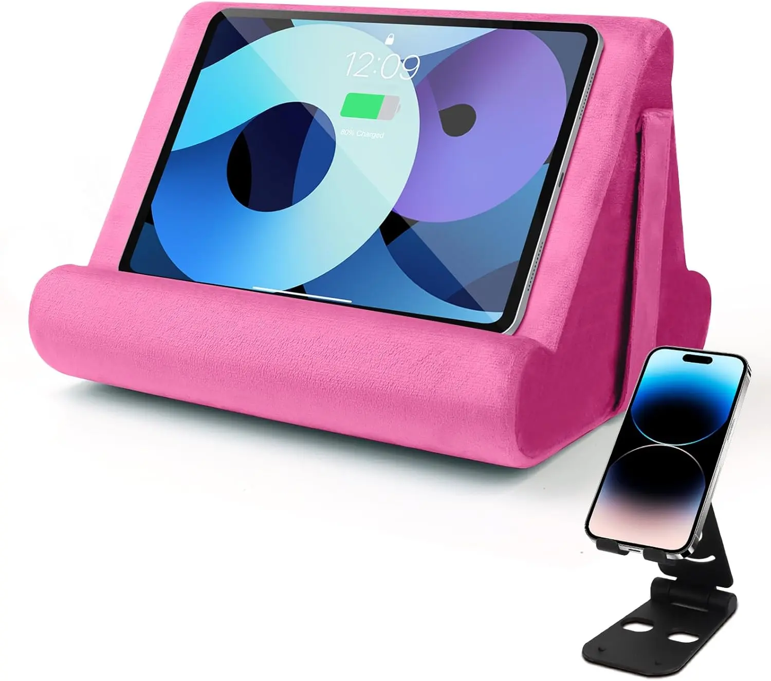 Universal Multi-Angle Tablet Holder - Soft Pad Stand with Net Pocket, Phone Stand for Lap, Bed (Pink)