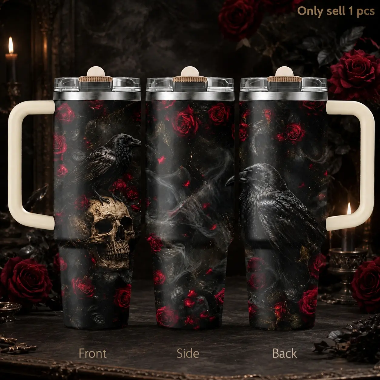Gothic Fantasy Raven Skull Roses 40oz 3rd Gen Vacuum Insulated Tumbler with Handle & Straw Lid, Leak-Proof Stainless Steel Travel Mug Insulated Drinkware for Water, Coffee, Gym, Office, Car Cup Holder Gift