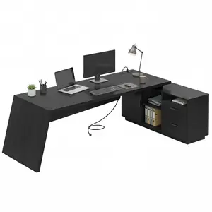 Sikaic L Shaped Executive Desk with Power Outlets, Large Home Office Desk with Storage Drawers and File Cabinet, Modern Computer Desk with Shelves, Black Business Furniture