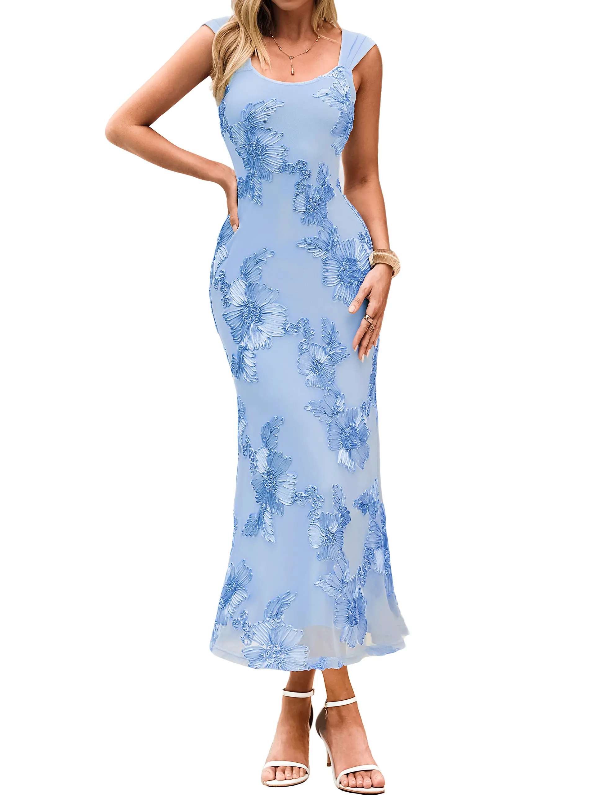 Simplee Womens 3D Floral Maxi Dress | Square Neck Mesh Wedding Guest Dresses | Elegant Sleeveless Bodycon Flowy Formal Prom Party Gown
