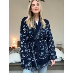 Tassel Patchwork Printed Cardigan Women Geometric Patterns Belts V-neck Long Sleeve Knitted Street Lady Sweater 2025 Autumn Coat