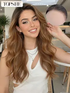 Topshe 13x6 Lace Front Wig Ombre Brown Medium Length Wavy Hair, Glueless Frontal Wig, Heat Resistant Fiber for Daily Wear, Parties, Christmas, Halloween