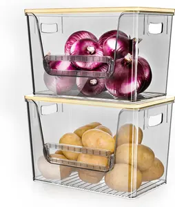 2-Pack Stackable Pantry Organizer Bins with Bamboo Lids, Clear Storage Containers for Kitchen & Pantry (Gray, 11.22" L x 7" W x 7.12" H)
