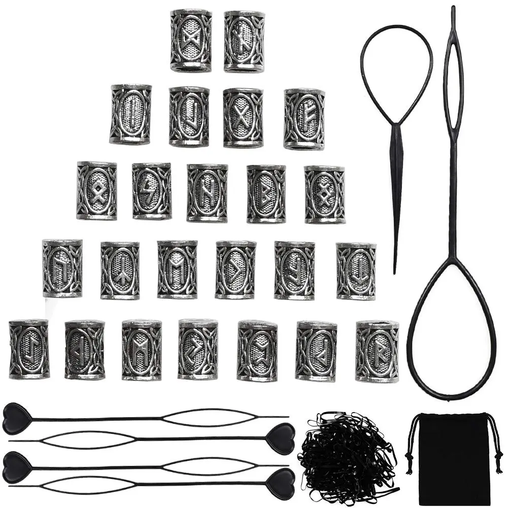 Viking Hair Beads Beard 24 PCS Hair Beard Beads 6 PCS Pull Hair Pin Quick 100 PCS Black Rubber Bands and a Bag