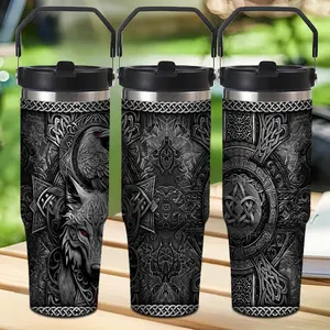 30oz Viking Celtic Wolf & Celtic Knot Stainless Steel Tumbler - 1pc Leakproof Thermos Cup with Straw, Handle, Gaelic Design, Hot/Cold Beverage, Norse Mythology Gift for Halloween, Christmas