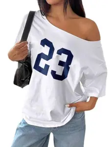 Women's Letter & Number Print Off Shoulder Casual Comfy Tee, Casual Asymmetrical Hem Short Sleeve T-Shirt for Summer, Ladies Clothes for Daily Wear, Top, Womenswear