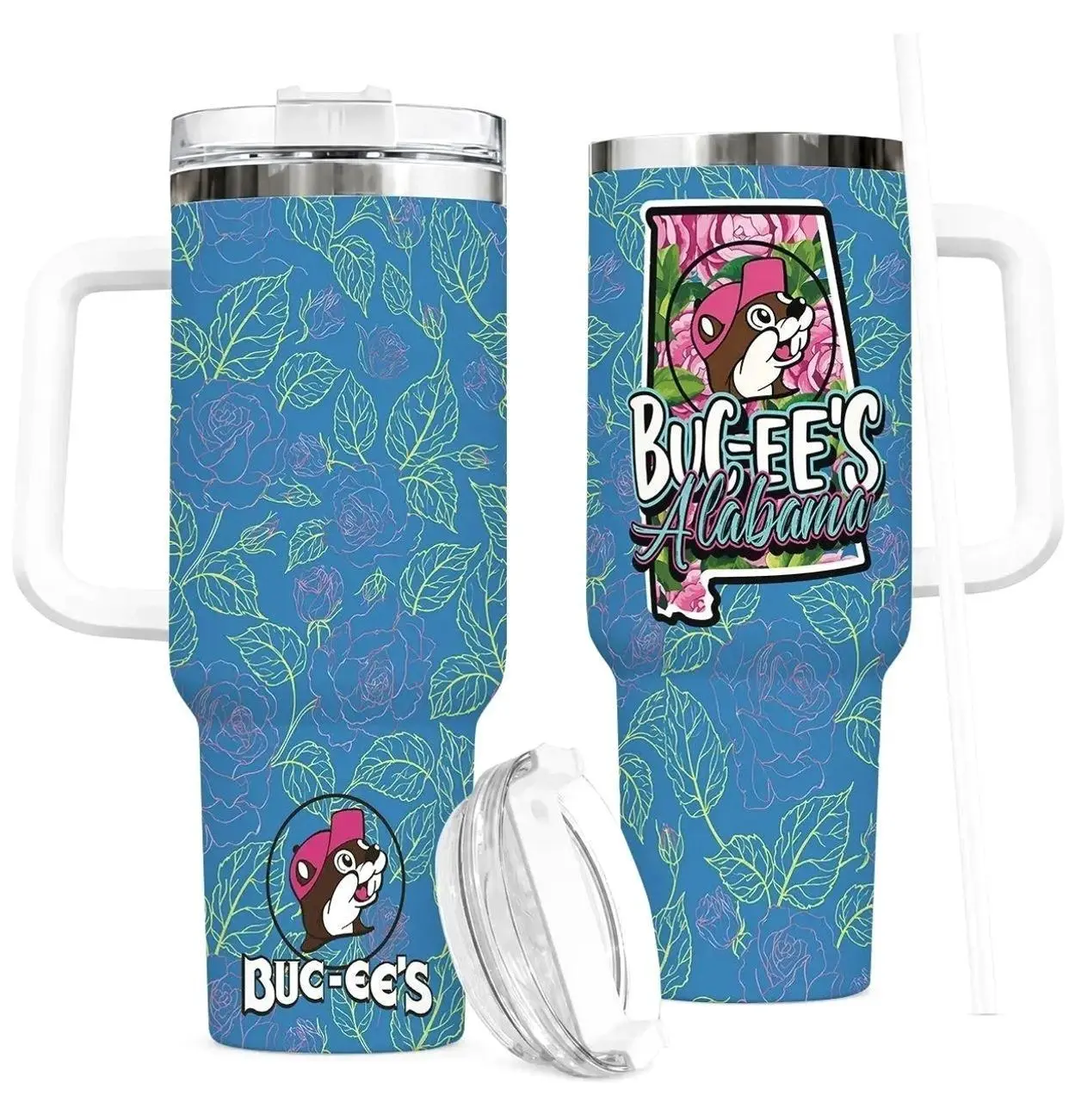Buc-ee's Alabama 40oz Insulated Tumbler with Handle and Straw, Blue Floral Rose Pattern Travel Mug, Double Wall Vacuum Leak-Proof Water Bottle, Fan Merch Gift