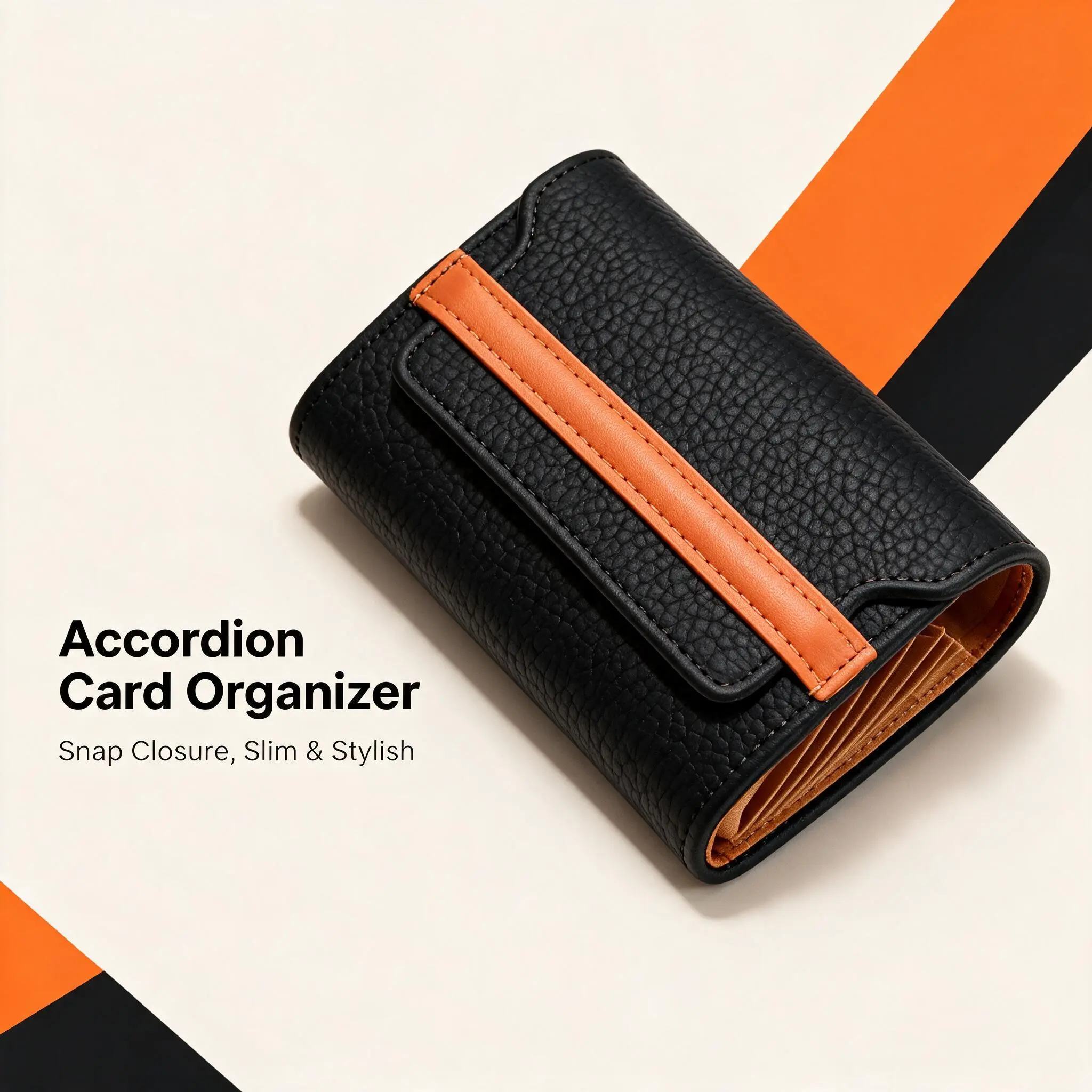 Top Grain Leather Accordion Card Organizer, Slim Credit Card Holder with Snap Closure, Multiple Slots Card Case Wallet with Side Pockets, Compact Card Storage Organizer for Men Women, Contrast Color Design