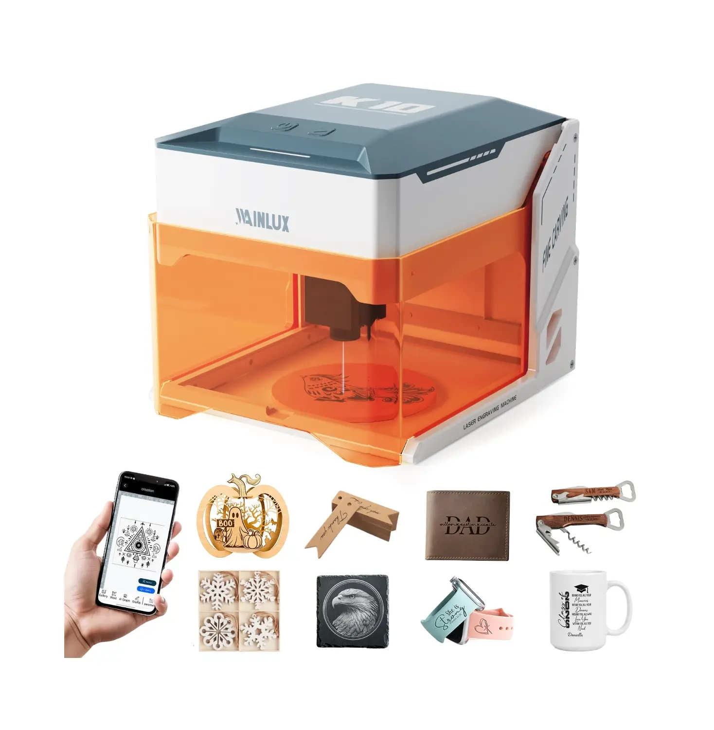 WAINLUX K10 Portable 3W (3000mW) Laser Engraver, Compact Ready-to-Use DIY Engraver Tool for Beginners, Class 1 Laser Safe, 3W Wood/Leather Compatible, CutLabX Windows Support, Ideal for Crisp Text & Logos, DIY Projects & Custom Gifts