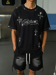 Men's Rhinestone Cross & Cursive Graphic 2-Piece Set - Black Oversized Studded T-Shirt & Faded Ripped Drawstring Shorts, Y2K Gothic Streetwear Outfit, Casual Menswear for Music Festivals, Skate & Daily Wear