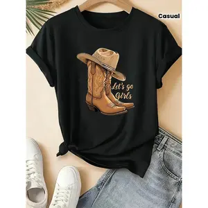Women's Cowboy Boots & Hat Monogram Print T-Shirt - Western Style Short Sleeve Top Suitable for Spring Summer Fall Casual Wear, Cowboy-Themed Events & Daily Outfits - Non- Round Neck Blouse for Women